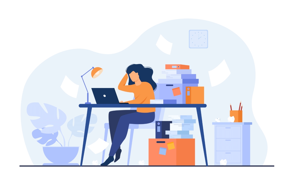 Tired man sitting on floor with paper document piles around flat vector illustration. Cartoon frustrated office employee doing paperwork. Business, fatigue and bureaucracy concept